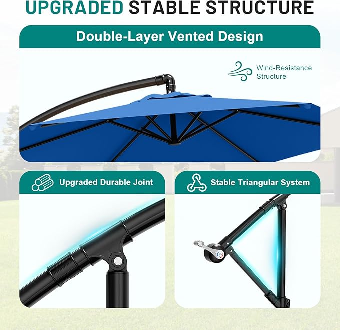 AreShark 10FT Patio Outdoor Umbrella, Offset Patio Umbrella Cantilever Umbrella, 6 Sturdy Ribs, Easy Adjustment for Garden Market Pool with Cross Base (Royal Blue)