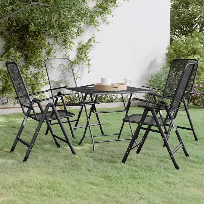 5 Piece Patio Dining Set with Expanded Metal Mesh Anthracite Outdoor Furniture for Garden, Backyard, Deck, 7-Position Reclining Chairs with E-Coating, Space-Saving Foldable Table and Chairs Set