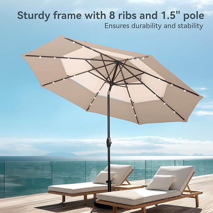 PHI VILLA 10ft Patio Umbrella with Solar Lights, Outdoor 3 Tier Vented Large Market Table Umbrella with 8 Sturdy Ribs and 1.5" Umbrellla Pole for Lawn Poolside Garden Terrace, Beige & Tan