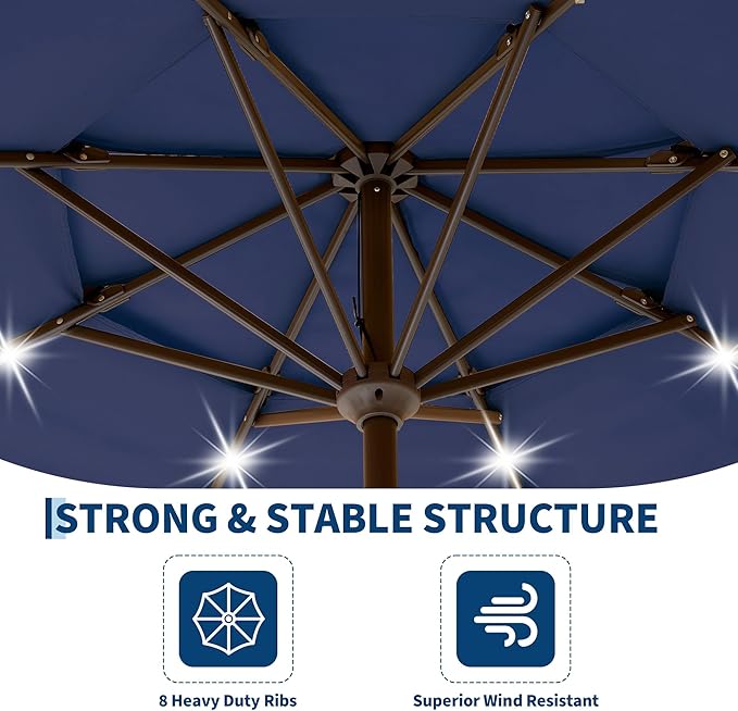 Garvee 9ft 10ft Patio Umbrella with Solar Lights, 3-Tier Umbrella Outdoor Patio with LED Lights, Ventilation, Easy Crank & Tilt, 8 Sturdy Ribs, UV Protection, Large Patio Umbrella for Deck, Pool