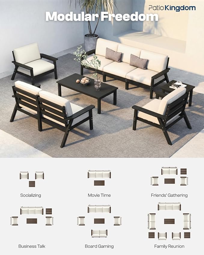 Patio Furniture Set 8 Seats, 4-Seater and 2-Seater Outdoor Sofas with Beige Washable Thick Cushions, Patio Conversation Sets for Lawn, Garden, Porch, Balcony, Deck (Black Frame)