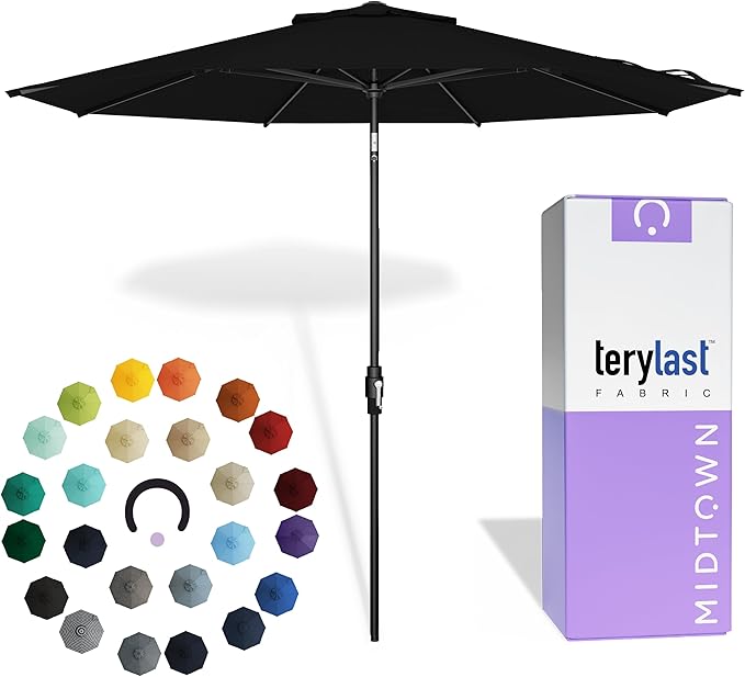 The Swilt 9 Feet Outdoor Umbrella With Terylast Ebony (Black) Polyester Fabric - Fiberglass Ribs, Auto-Tilt And Swivel Aluminum Frame Patio Umbrella For Deck, Garden, Pool - Black Pole