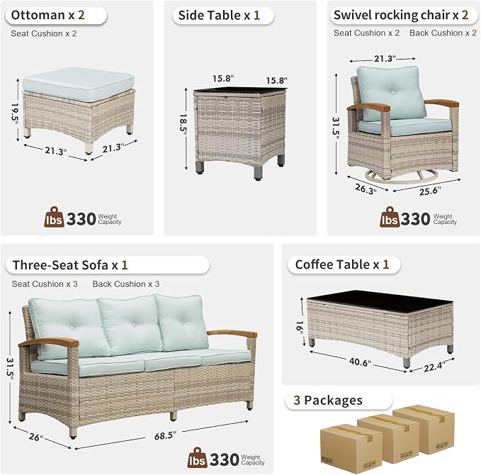 MEISSALIVVE 7 Pieces Patio Furniture Sets,Wicker Patio Conversation Sets with 2 Wood Armrests Swivel Glide Chairs, 2 Ottoman, 3-seat Sofa and Coffee Table (Blue)