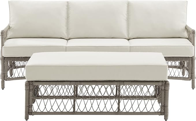 Crosley Furniture Thatcher 2-Piece Outdoor Sofa Patio Furniture Set, Wicker Conversation Sets for Porch, Driftwood with Creme Cushions
