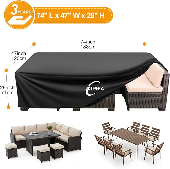 Kipiea Patio Furniture Covers Waterproof Winter, Heavy-Duty Outdoor Furniture Set Covers for Table Chairs, Anti-UV, No Tears or Fading (74" L x 47" W x 28" H)