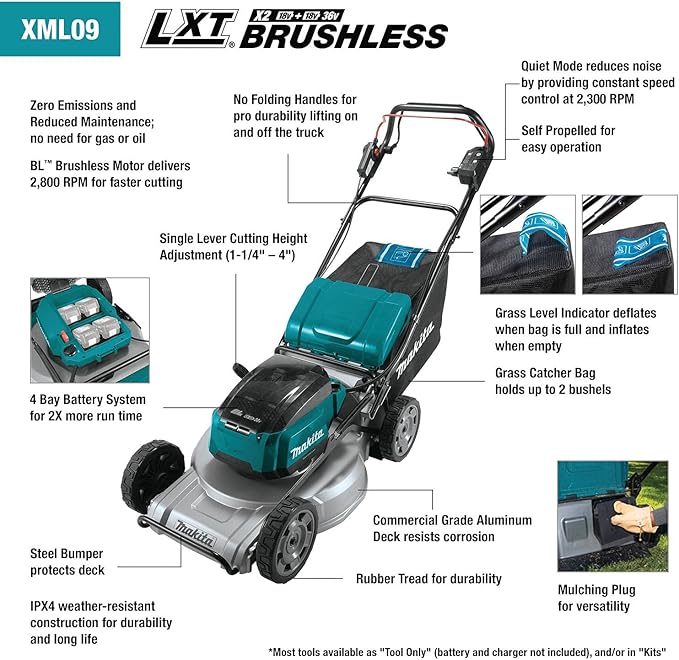 Makita XML09PT1 36V (18V X2) LXT® Brushless 21" Self-Propelled Commercial Lawn Mower Kit with 4 Batteries (5.0Ah) (Renewed)