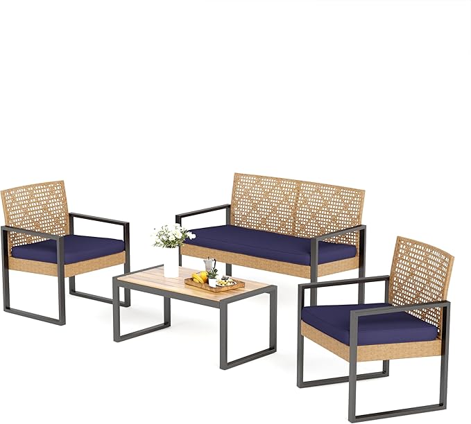 MFSTUDIO 4 Pieces Outdoor Patio Furniture Set, Small Outdoor Rattan Couch with Wood Table, Loveseat & Chairs, Loveseat Patio Sectional Furniture Set, Blue