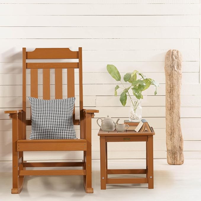 Outdoor Side Table, HIPS Plastic Composite Adirondack Patio Table, Weather Resistant End Tables for Outside, Indoor, Patio, Garden, Pool, Porch, Backyard, Lawn, Deck - Teak