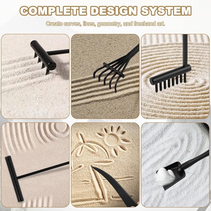 6 Pcs Mini Zen Garden Rake Tools, Miniature Tabletop Rock Zen Sand Rake Set with Pushing Drawing Pen 3 Small Rakes, Mini Sand Stamp Rakes, Meditation Rock Garden Accessories(Black)