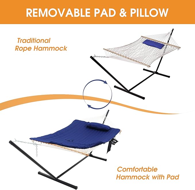 Lazy Daze Hammocks Double Hammock with 12 ft Steel Stand, 2 Person Cotton Rope Hammock with Quilted Pad, Spreader Bars, Detachable Pillow, Mag Bag & Cup Holder, Blue