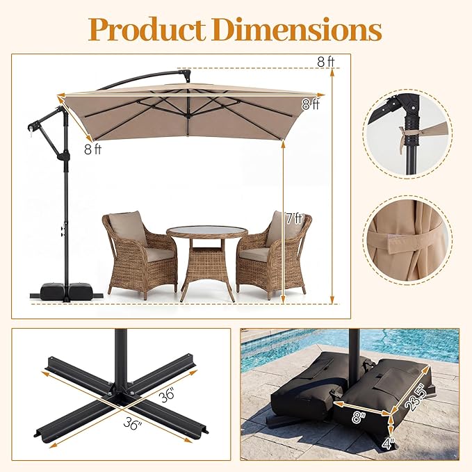 Tangkula 8x8 FT Patio Umbrella with Base Included, Square Offset Cantilever Outdoor Umbrella with 360 Degree Rotation, Crank Handle, Sandbags, 8 Ribs for Pool Deck Garden Backyard