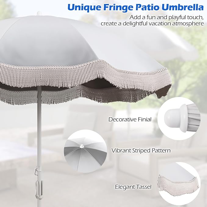 6.5 FT Outdoor Fringe Umbrella, UV 50+ Protection Boho Umbrella with Sand Anchor, Tilt Sun Shelter& 8 Ribs, Portable Beach Umbrella with Carry Bag, Vintage Patio Umbrella for Deck Poolside