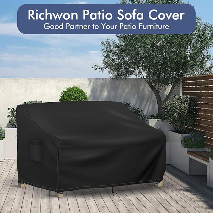Richwon Outdoor Couch Cover Waterproof, 3-Seater Outdoor Sofa Cover, Patio Furniture Covers with Air Vent and Handles, 90W x 42D x 32H Inches, Black