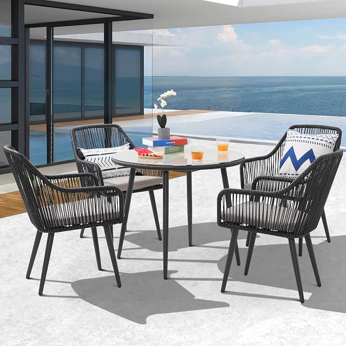 Patiorama Outdoor Dining Table, 35'' Patio Round Table, All-Weather Rope Rattan Wicker Patio Dining Table, Patio Tempered Glass Table w/Umbrella Hole, Outdoor Coffee Table for Lawn Garden Pool(Black)