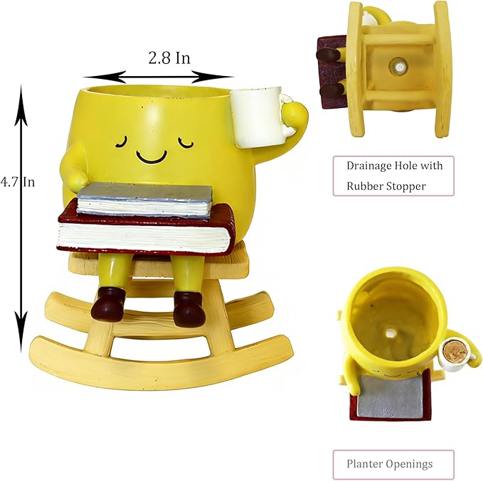 Dolkgy Funny Planters for Indoor Outdoor Plants, Adorable Rocking Chair Drinking Coffee Book Face Plant Pots, Unique Yellow Head Planters Flower Vase Succulent Pots