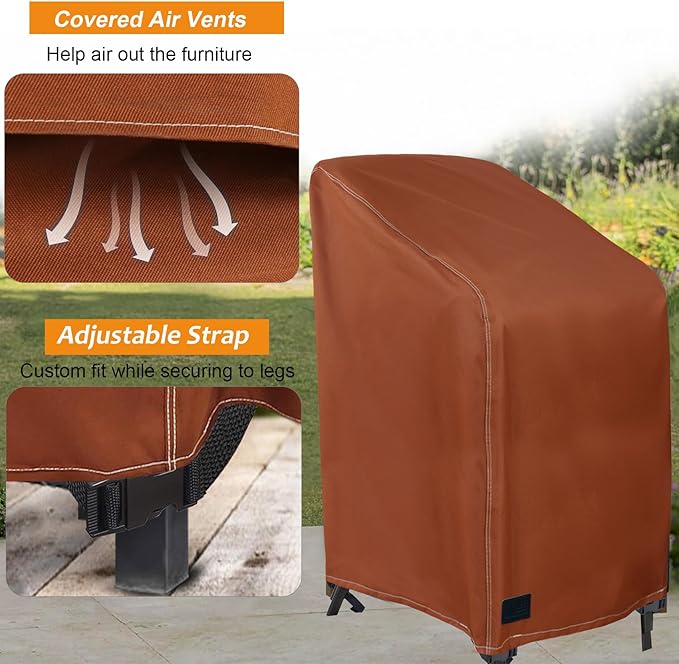 NettyPro Stackable Chair Covers 2 Pack Waterproof Outdoor Stack Chairs Cover Patio Furniture Stacking Chair Covers, Fits for 4-6 Stackable Dining High Back Chairs, 28 W x 35 D x 45 H inch, Brown