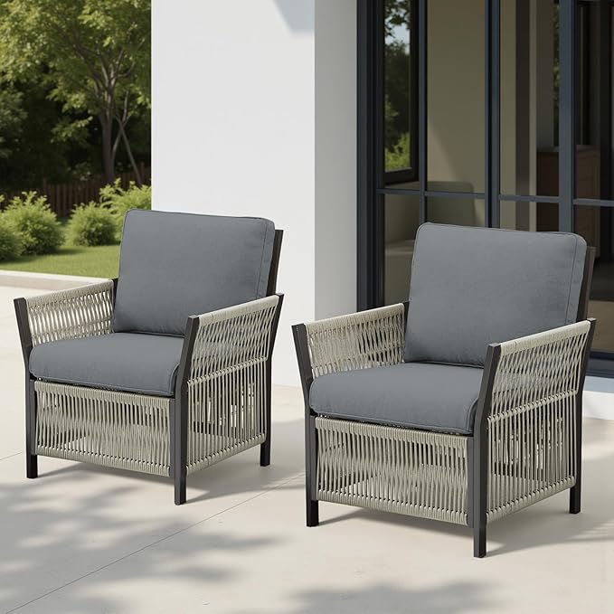 Outdoor Patio Chairs Set of 2, Handmade Rattan Wicker Chairs, PE Patio Furniture Set with Chic Minimalist Style for Garden, Porch, Backyard(Grey)