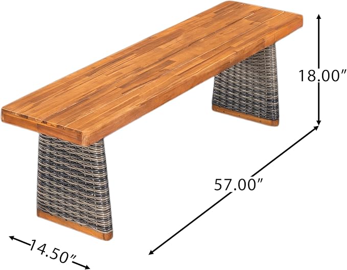 Merax 2-Piece Outdoor Dining Set Acacia Wood, 1 Table + 1 Bench, Slatted Design Tabletop & Woven Rattan Legs, Weather-Resistant Rectangle Patio Dining Set, Grey