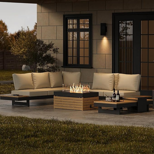 homary Patio Conversation Sets with Fire Pit, Modular Outdoor Sofa Aluminum & Teak Outdoor Sectional with Glass Wind Guard Ideal for Patios & Balconies, 6 Pepole, Beige
