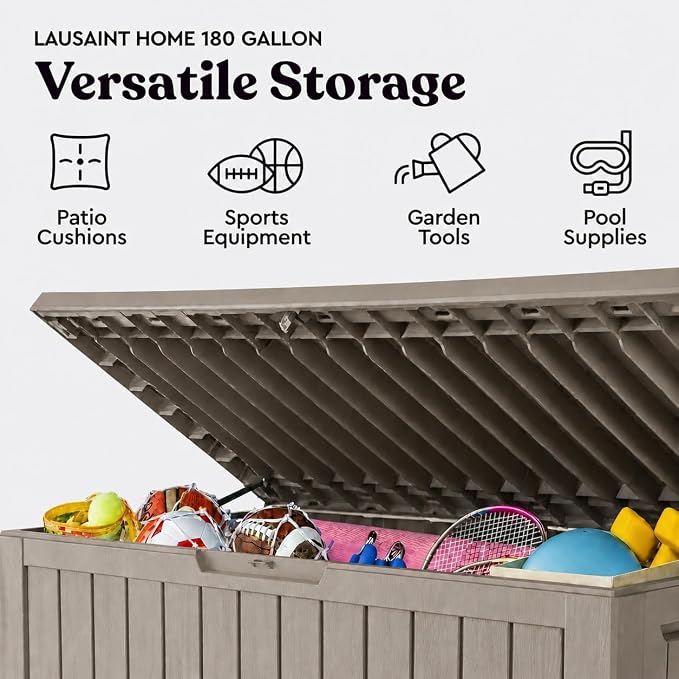 LAUSAINT HOME 180 Gallon Resin Deck Box, Package Delivery Box with Lockable Lid, Waterproof Outdoor Storage Box For Garden Tools, Patio Cushions(180 Gallon,Grey)