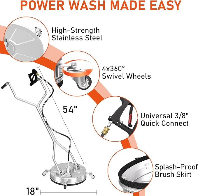 18" Dual Handle Pressure Washer Surface Cleaner with 4 Wheels, 4000 PSI Max Stainless Steel Surface Cleaner for Pressure Washer, 3/8" Inlet Connector, for Concrete, Patio, Sidewalk, Deck