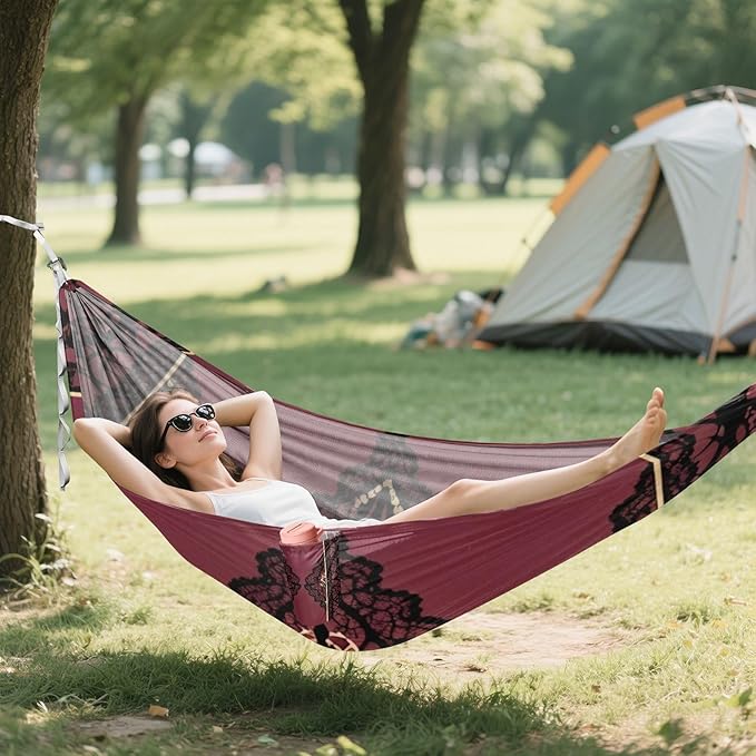Burgundy Lace Outdoor Hammocks with Tree Straps Cloth Hammock for Camping Travel Accessories