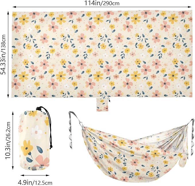 Camping Hammock Outdoor Hammocks for Outside Flower Creamcolor Beach Trees Portable Lightweight with Pockets Tree Straps Indoor Small