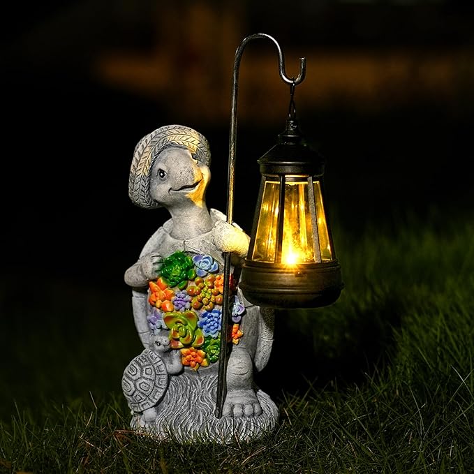 Solar Garden Outdoor Statue Turtle with Hanging LED Lantern —Outside Solar Turtle Decor for Garden,Home,Lawn,Yard, Balcony Ornament- Unique Housewarming Gifts
