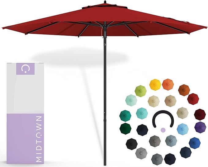 Midtown Umbrellas Push & Pop 8 Ft Patio Umbrellas with Push & Pop Mechanism, Fiberglass Ribs & Sunbrella Fabric – Outdoor Umbrella for Deck, Pool, Cafés and Hotels – Red Canopy, Black Pole