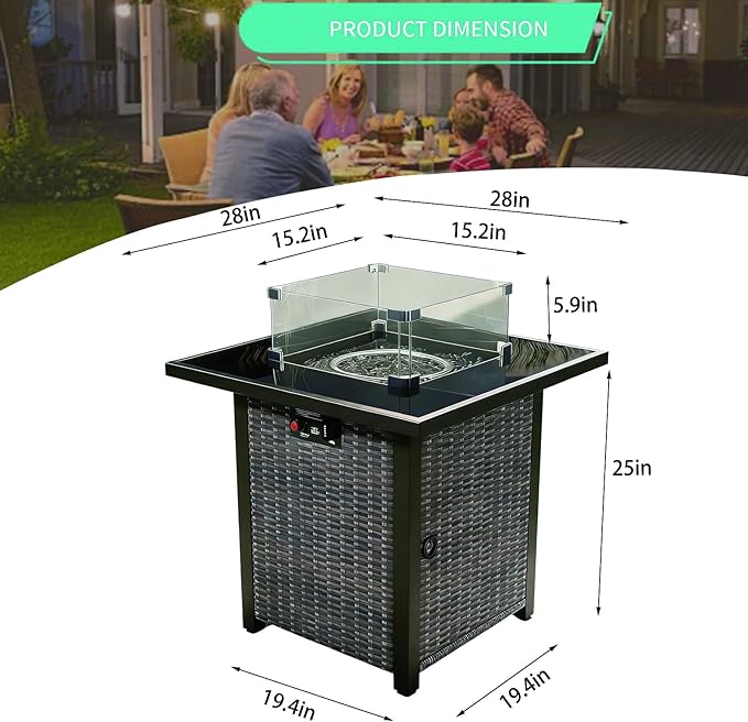 28" Square Fire Pit Table, Outdoor Propane Gas Firepit with Lid & Glass Wind Guard, 50,000 BTU, CSA Listed, Brown Wicker Rattan for Patio, Garden, Backyard, Deck