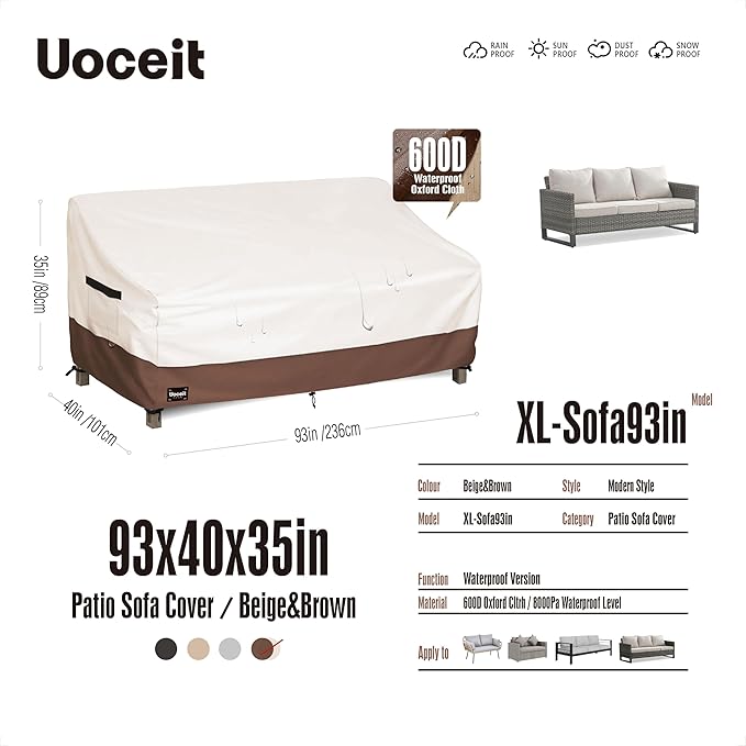 3-Seater Outdoor Couch Cover, 93Wx40Dx35H inches Outdoor Furniture Covers Waterproof，100% Waterproof Heavy Duty Patio Furniture Covers,Beige&Brown Modern Style Outdoor Sofa Cover.