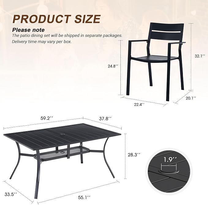 VICLLAX Patio 7 Pieces Outdoor Dining Set for 6, 59" Rectangular Metal Dining Table with Umbrella Hole and Storage Shelf, 6 Stackable Chairs for Lawn, Garden, Porch, Black