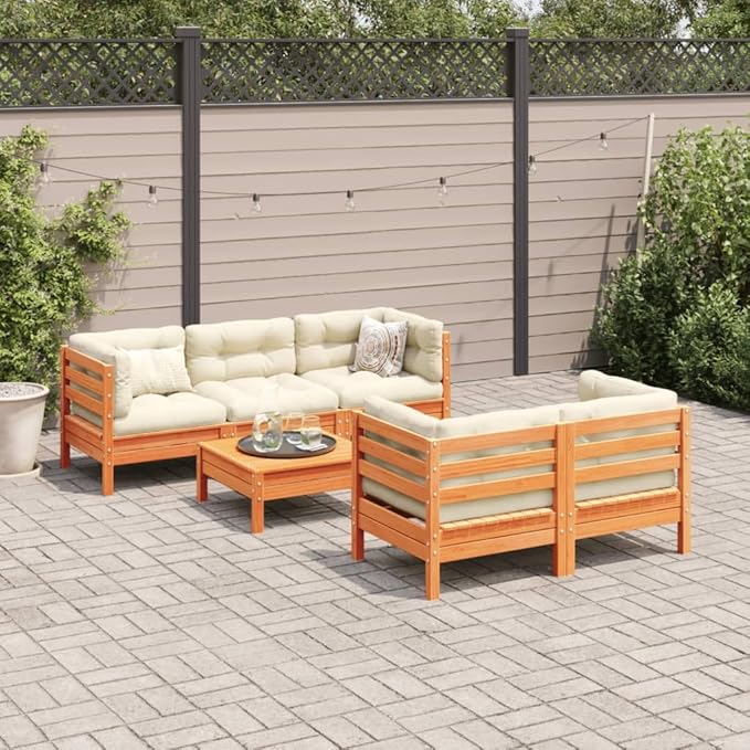 6 Piece Patio Sofa Set with Cushions, Front Porch Furniture Patio Conversation Set Garden Lounge Set Porch Furniture Set for Exhibition Poolside Piazza Wax Brown Solid Wood Pine