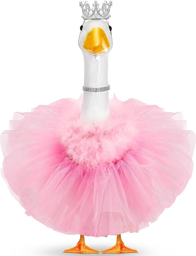 4 Pcs Princess Porch Goose Outfit for 23" 17" Cement Lawn Goose Costume Crown Necklace Tutu Skirt Feather Trim(Pink)