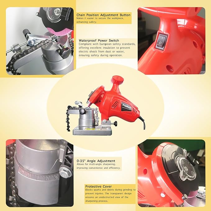 Electric Chainsaw Sharpener, 250W High-Speed Chain Grinder with Adjustable Angle, Heavy-Duty, Mountable, Red Sharpener for Chains from 1/4'' to 3/8'' Pitch