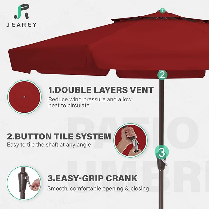 JEAREY 9' 2-Tiers Patio Umbrellas Outdoor Market Umbrella w/Push Button Tilt/Crank, 8 Sturdy Ribs, UV Protection Waterproof (Red)