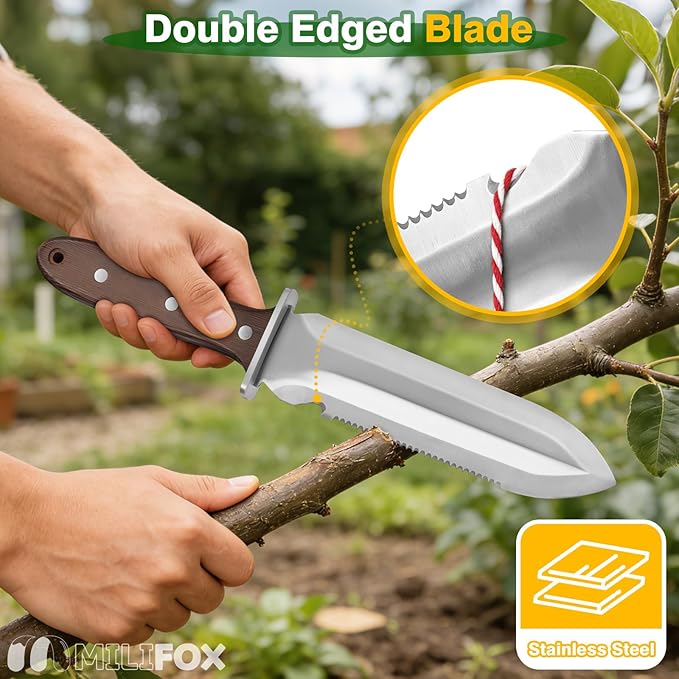 Hori Hori Garden Knife, Gardening Knife with Sheath for Weeding, Planting, Digging, 7" Stainless Steel Blade with Cutting Edge, Garden Tool with Hanging Hole