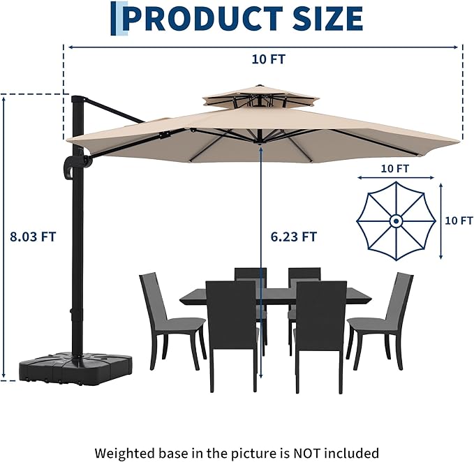10x10 FT Round Outdoor Umbrella with Base, Cantilever Patio Umbrella with 360° Rotation & Adjustable Height, Heavy Duty Aluminum Umbrella Outdoor Patio for Garden Poolside,Khaki