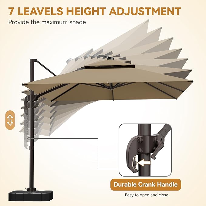GENTEACO 9x12FT Cantilever Patio Umbrella, Double Top Rectangle Offset Umbrella 7 Angle Tilts & 360° Rotation, Large Heavy Duty Outdoor Sun Umbrella for Pool Market, Tan
