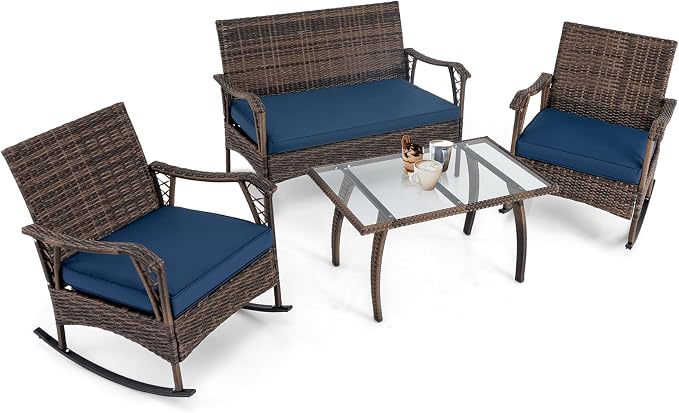 Tangkula 4 Piece Wicker Rocking Set, 2 Patio Rattan Rocker Chairs w/Loveseat & Coffee Table, Heavy-Duty Metal Frame & Bungee Rope Seat, Cushioned Patio Rattan Rocker Set for Porch, Poolside (1, Navy)