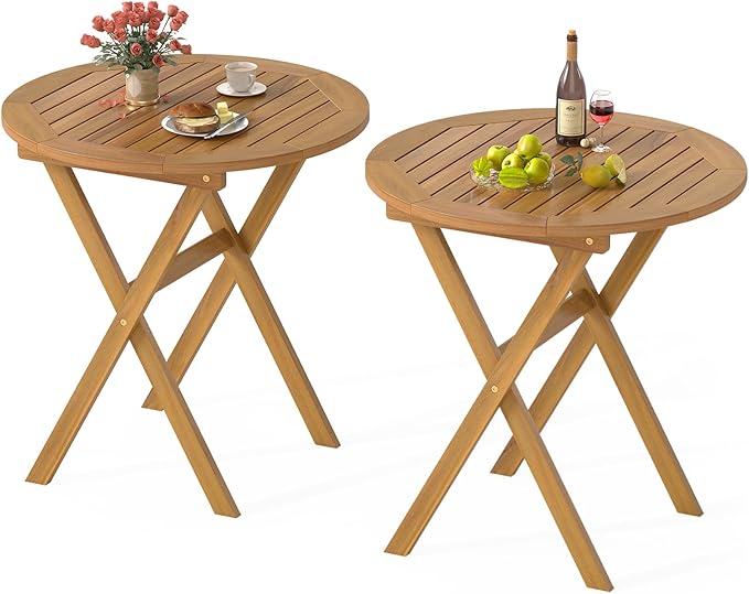 RELAX4LIFE Round Outdoor Folding Table - 26’’ Acacia Wood Patio Bistro Table w/Slatted Tabletop for Indoor Outside Dining Camping, Portable Foldable Wooden Furniture for Garden Backyard Porch (2)