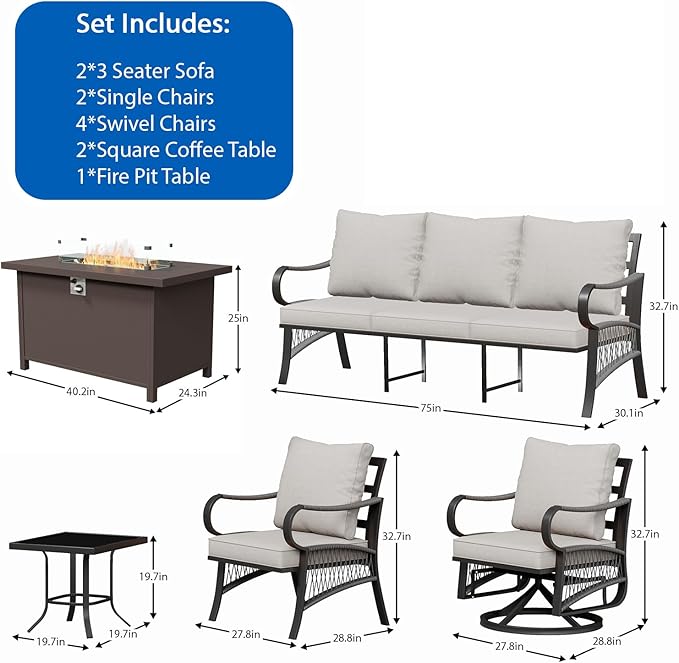 11 Piece Patio Furniture Set, All Weather Metal Outdoor Conversation Set with 50000 BTU Propane Fire Pit Table and 5" Thick Cushions, Sectional Sofa for Garden, Porch, Lawn, Beige