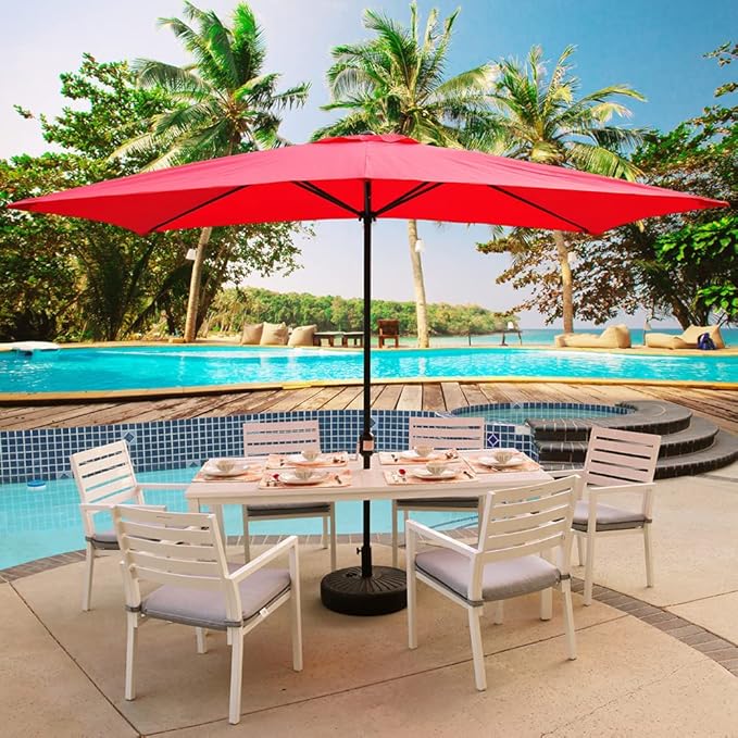 ABBLE Outdoor Patio Umbrella 10 Ft x 6.5 Ft Rectangular with Crank Weather Resistant UV Protection Water Repellent Durable 6 Sturdy Steel Ribs with Easy Handle Crank, Market Outdoor Table Umbrella Red