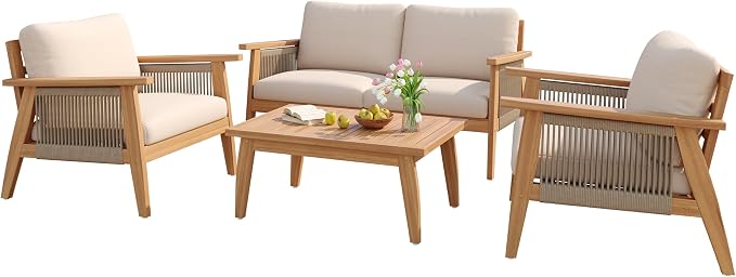Christopher Knight Home Lorna 4-Seater Patio Furniture Set with Removable Cushion, 4 Piece Outdoor Acacia Wood Conversation Set, Sold Wood Outdoor Sectional Sofa Set with Coffee Table, Teak+Beige
