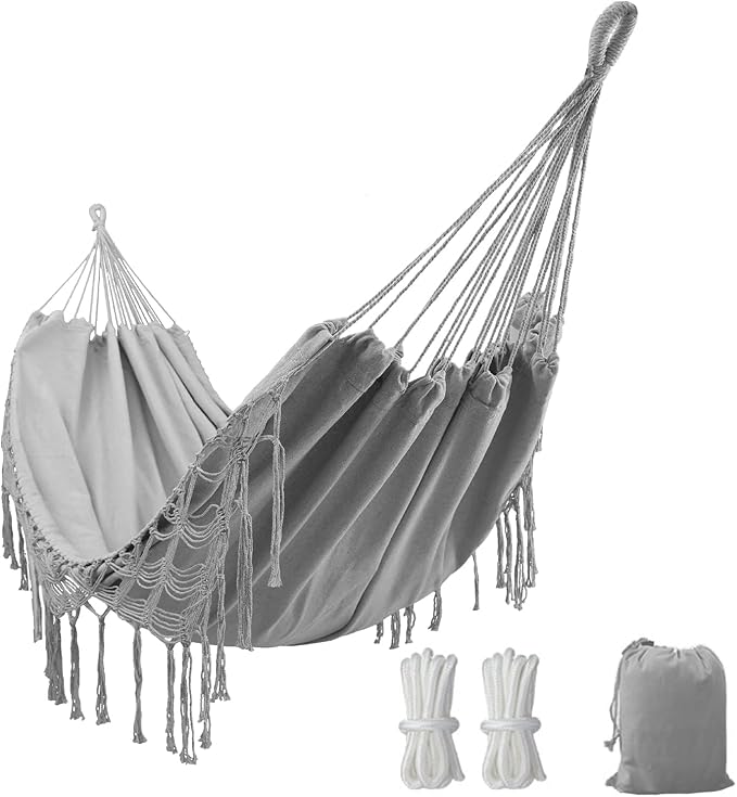 Double Boho Macrame Hammock with Elegant Tassels for Patio, Yard, Beach Wedding Decor, Outdoor and Indoor Up to 450lbs Include Tie Ropes and Drawstring Bag