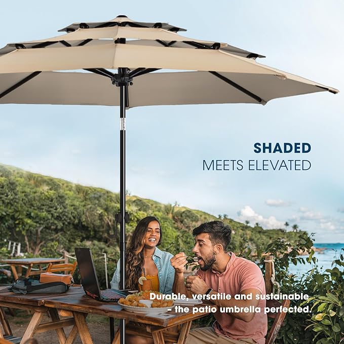 wikiwiki 10ft 3-Tier Patio Umbrella Outdoor Table Market Umbrella for Patio with Push Button Tilt/Crank, Fade Resistant Waterproof POLYESTER Canopy for Garden, Lawn, Deck, Backyard & Pool, Beige