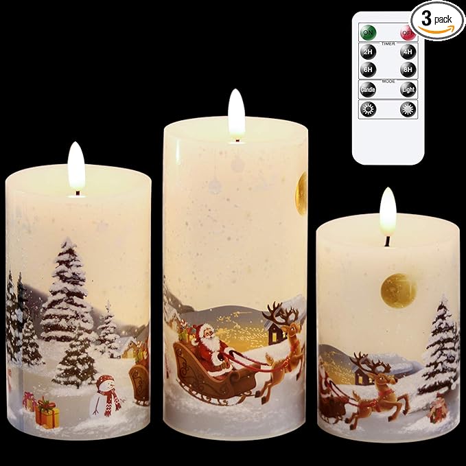 GenSwin Christmas Santa Clause Battery Operated Candles Flameless Flickering with Remote Timer, 3D Wick Real Wax Led Pillar Candles Warm Light, Christmas Snowman Santa Clause and Deer Gift(Pack of 3)