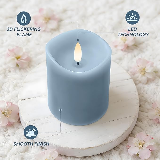 Blue Flameless Candles with Remote and Timer, Real Wax Made LED Pillar Candles Battery Operated with 3D Flickering Flame Melted Edge, 3" x 4",5",6", Set of 3 (Pastel Blue)