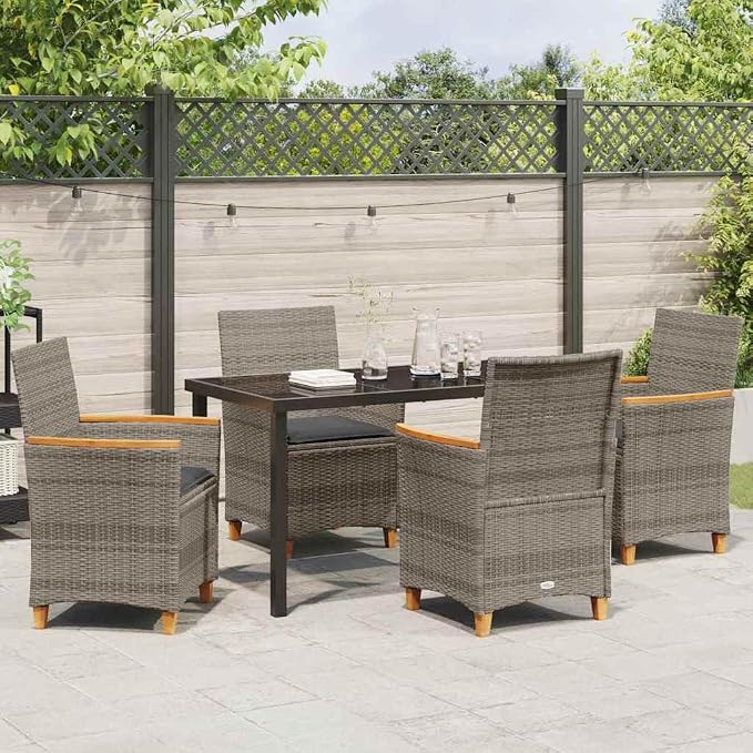 5 Piece Poly Rattan Garden Dining Set, Patio Table and 4 Chairs with Cushions, Modern Grey Outdoor Furniture for Backyard Terrace