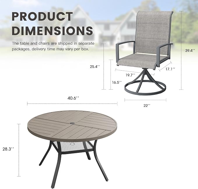 Outdoor Dining Set for 4, 40.7" Outdoor Dining Table with Umbrella Hole and Padded Textilene Patio Swivel Chairs, 5 Pieces Patio Table and Chairs Set for Garden Backyard, Grey